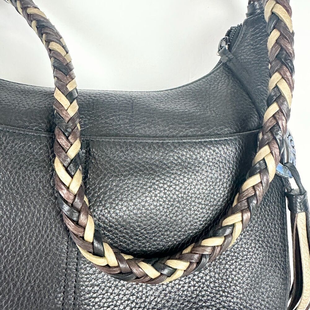 Brighton Barbados Ziptop Hobo Bag Pebbled Leather Black Braided Strap - Picture 6 of 12